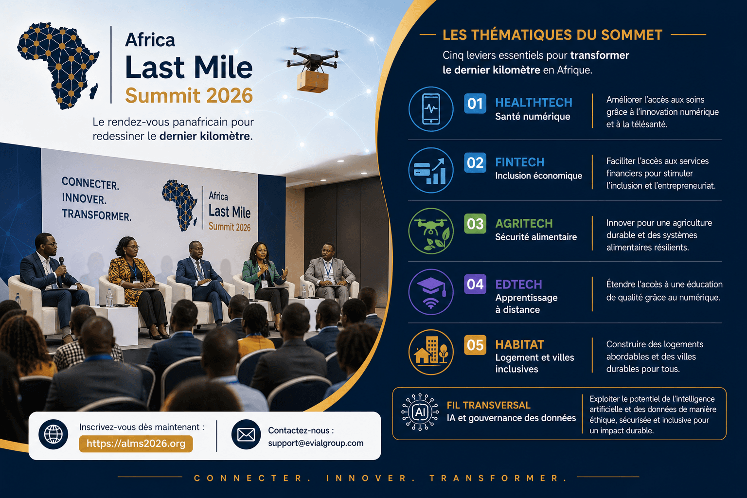 Les 5 thématiques du sommet ALMS 2026 : HealthTech, FinTech, AgriTech, EdTech, Habitat — et le fil transversal IA et gouvernance des données